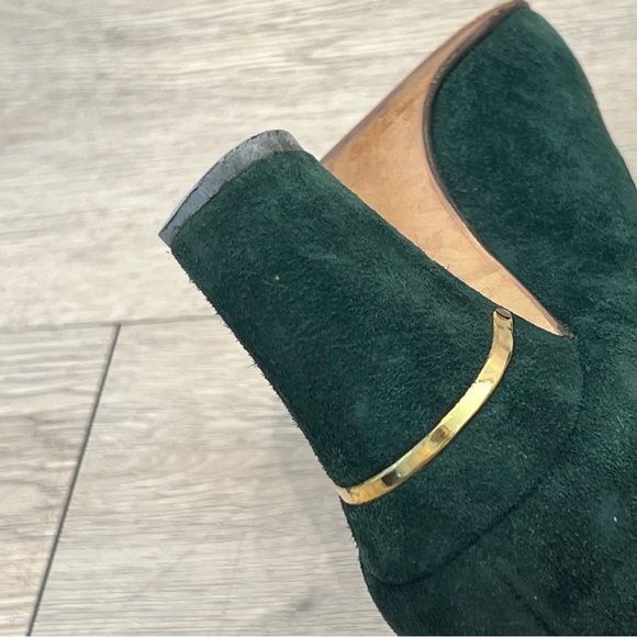 SAKS 5TH AVENUE Pump Fat Heel Suede Brass Square-Toe Forest Green 6AA Vintage​ - Picture 8 of 12